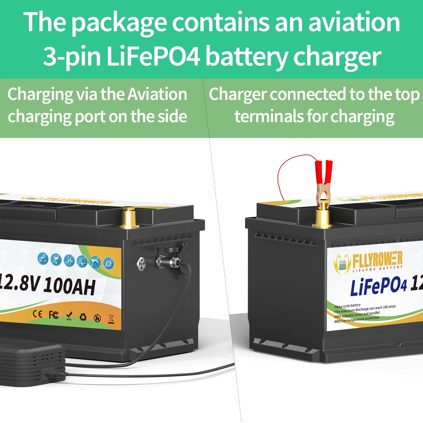 FLLYROWTH 12V 100Ah LiFePo4 Lithium Battery Pack 100A BMS For RV Boat Motors Inverter Solar Wind Lithium Iron Phosphate Battery