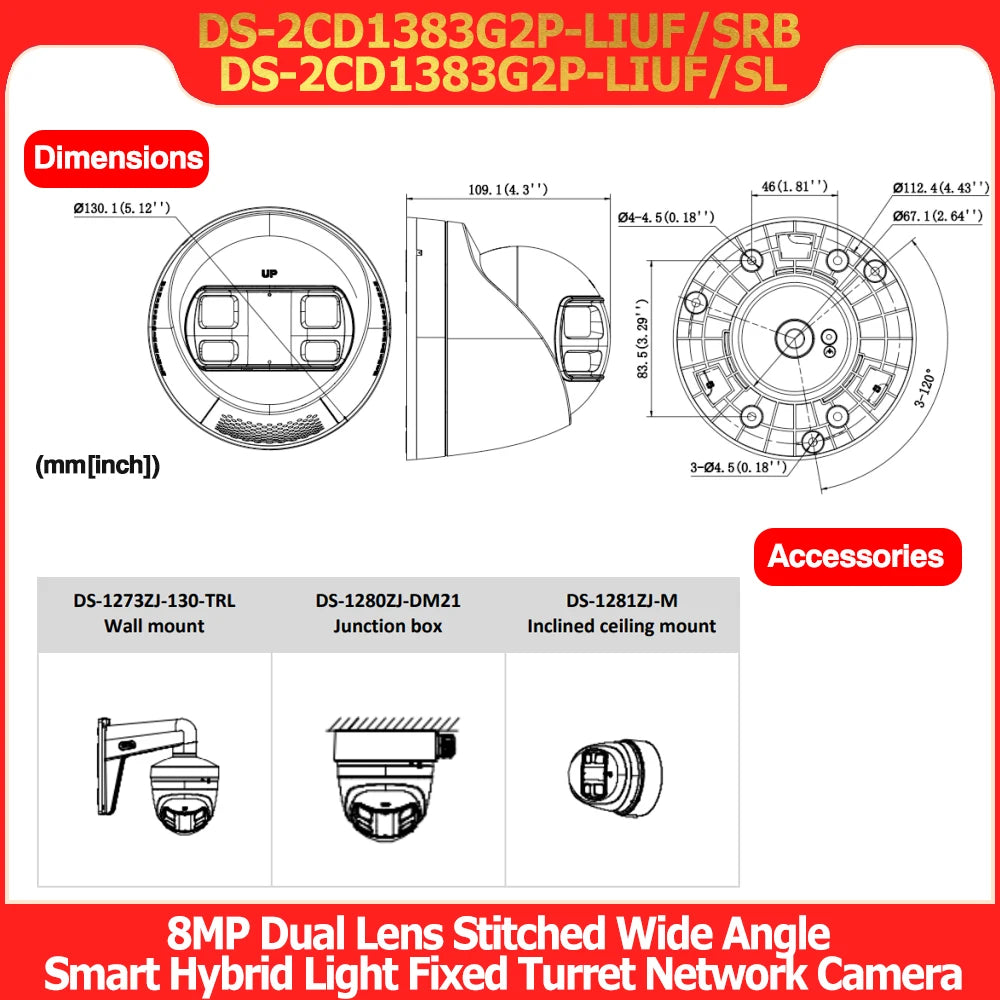 Hikvision DS-2CD1383G2P-LIUF/SL 8MP 4K Dual Lens Stitched 180° Wide Angle Smart Hybrid Light POE Network IP Camera MD 2.0 Audio