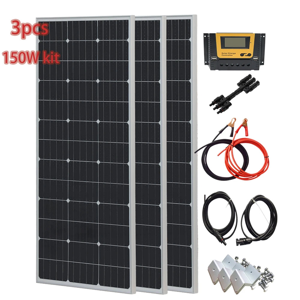 Solar Panel PV 900W 750W 600W 450W 300W 150 W Mono Cells Kit | Photovoltaic Aluminium Frame Camping Balcony Home Charge 12V