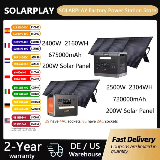 Solar Generator 2160WH 2304WH Long-life LiFePO4 Portable Power Station & 200W Solar Panel  for Home Campervan Up to 2400W Output