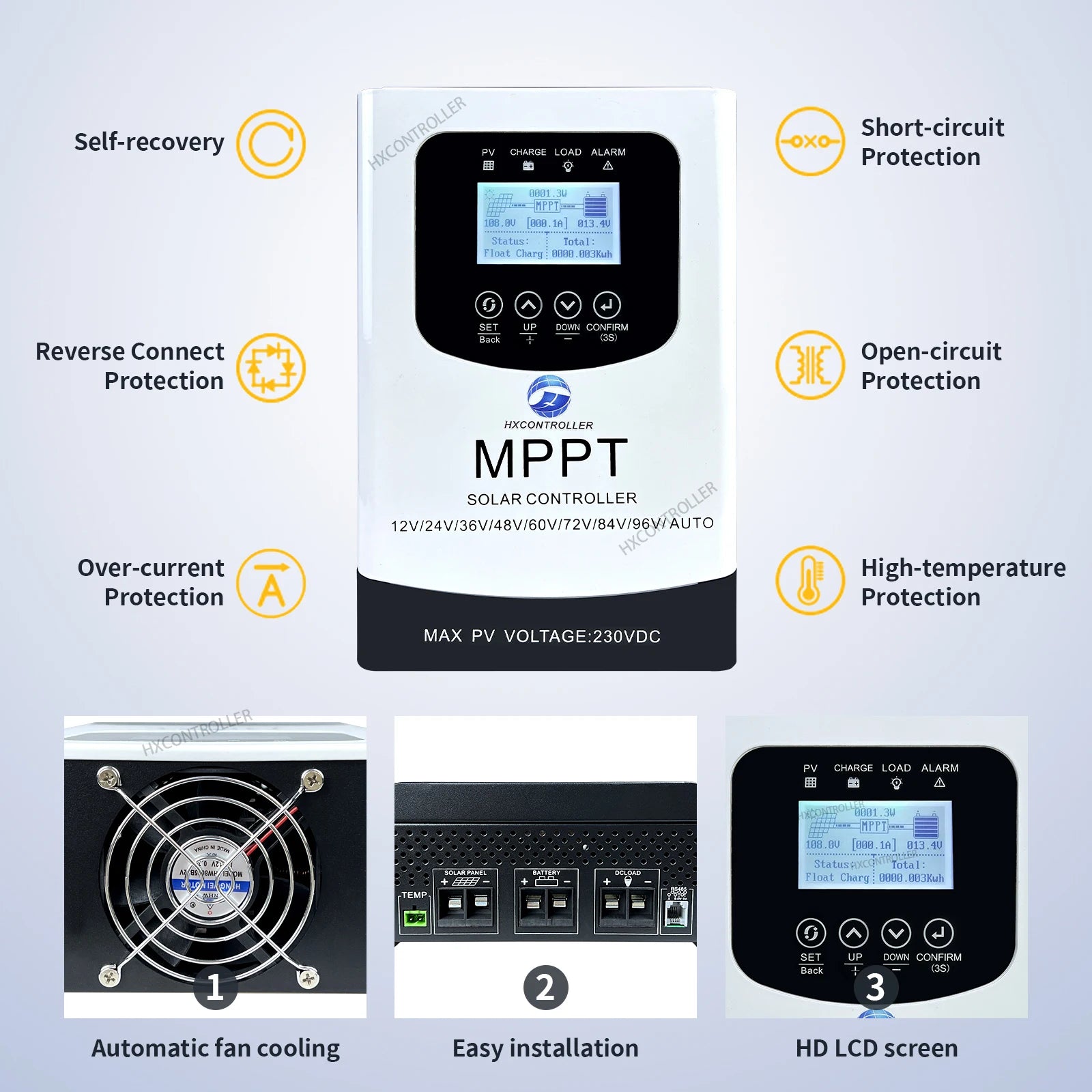 MPPT 30-80A Solar Charge Controller 230VDC VOC PV System Charging Regulator Support WIFI For 12V 24V 48V 60V 72V 96V Battery