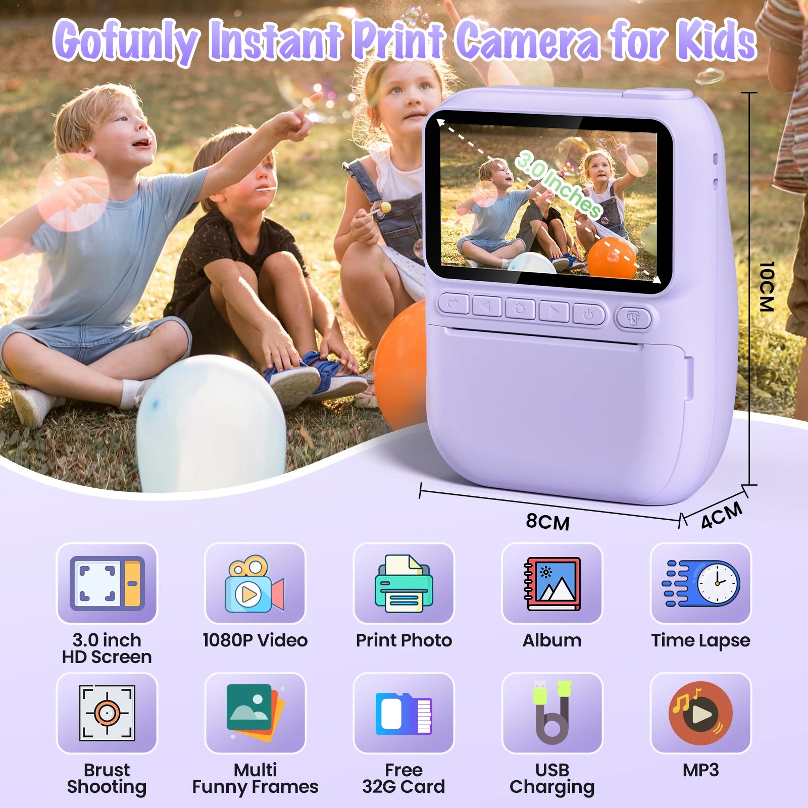 Instant Print Camera for Kids, 3.0" Kids Camera for 6-12 Year, 32MP HD 1080P Digital Camera with 3 Rolls of Printer Paper