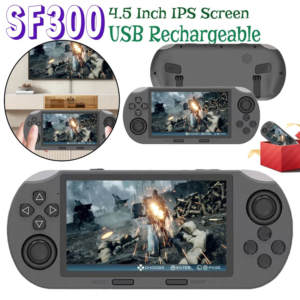 SF300 Handheld Game Console 4.5 Inch IPS Screen Retro Gaming Console USB Rechargeable Retro Handheld Video Game Console