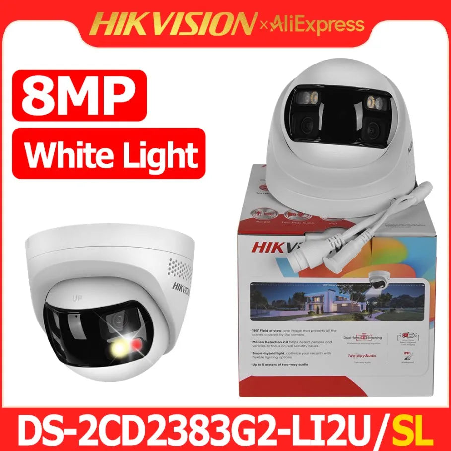 Hikvision DS-2CD1383G2P-LIUF/SL 8MP 4K Dual Lens Stitched 180° Wide Angle Smart Hybrid Light POE Network IP Camera MD 2.0 Audio
