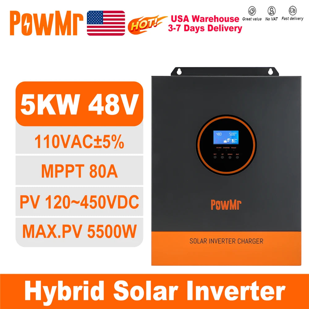 PowMr 5000W 48V 110/120VAC Output MPPT Hybrid Solar Inverter PV 500VDC With MPPT 80A Charger Controller Support Lithium Battery