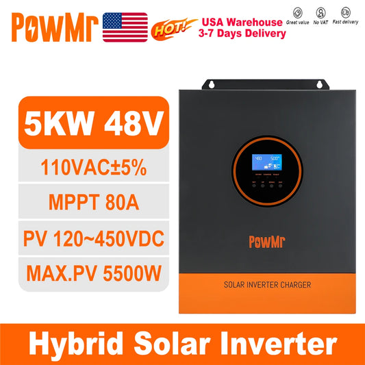 PowMr 5000W 48V 110/120VAC Output MPPT Hybrid Solar Inverter PV 500VDC With MPPT 80A Charger Controller Support Lithium Battery