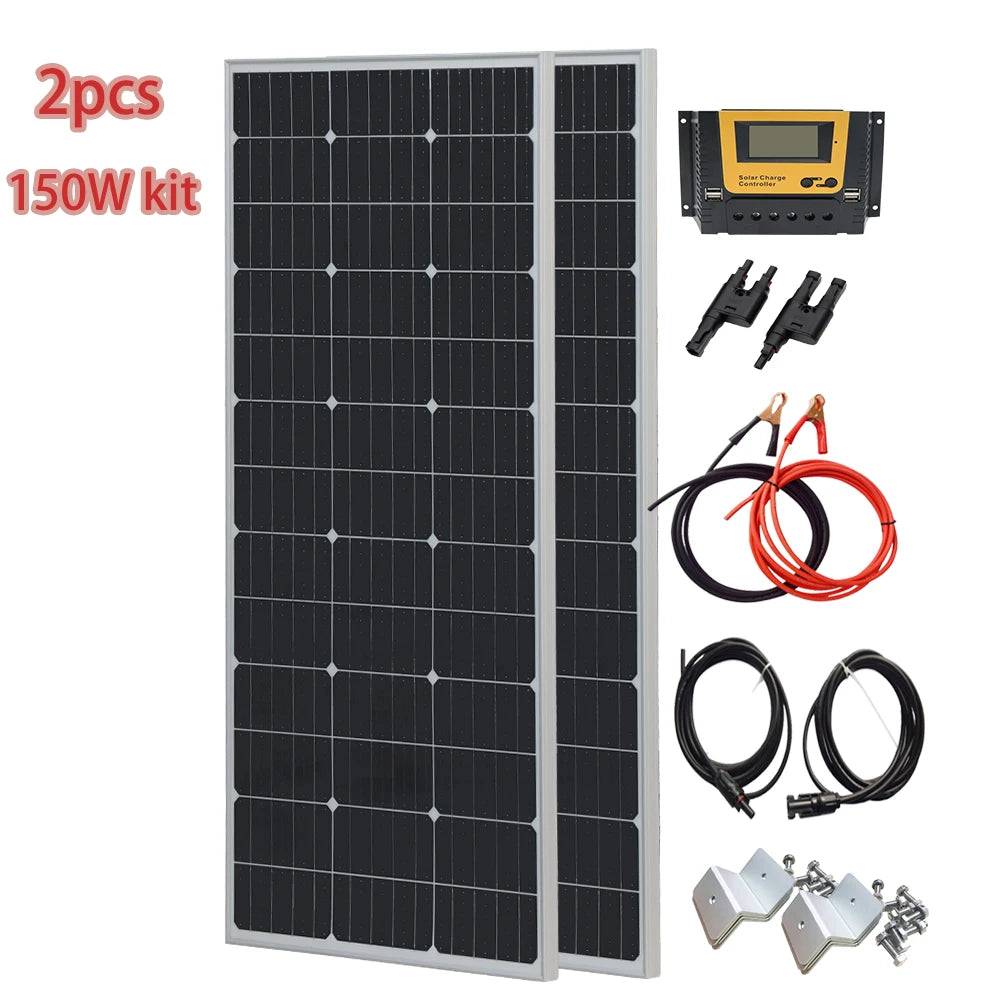Solar Panel PV 900W 750W 600W 450W 300W 150 W Mono Cells Kit | Photovoltaic Aluminium Frame Camping Balcony Home Charge 12V