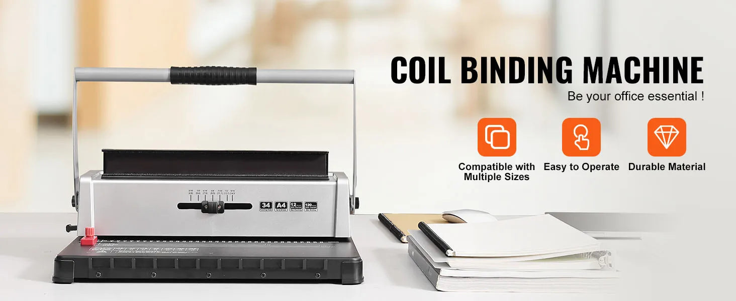 SucceBuy Coil Spiral Binding Machine Manual Book Maker 34-Holes Binding 120 Sheets Punch Binder w/ Adjustable Coil Binding Spine