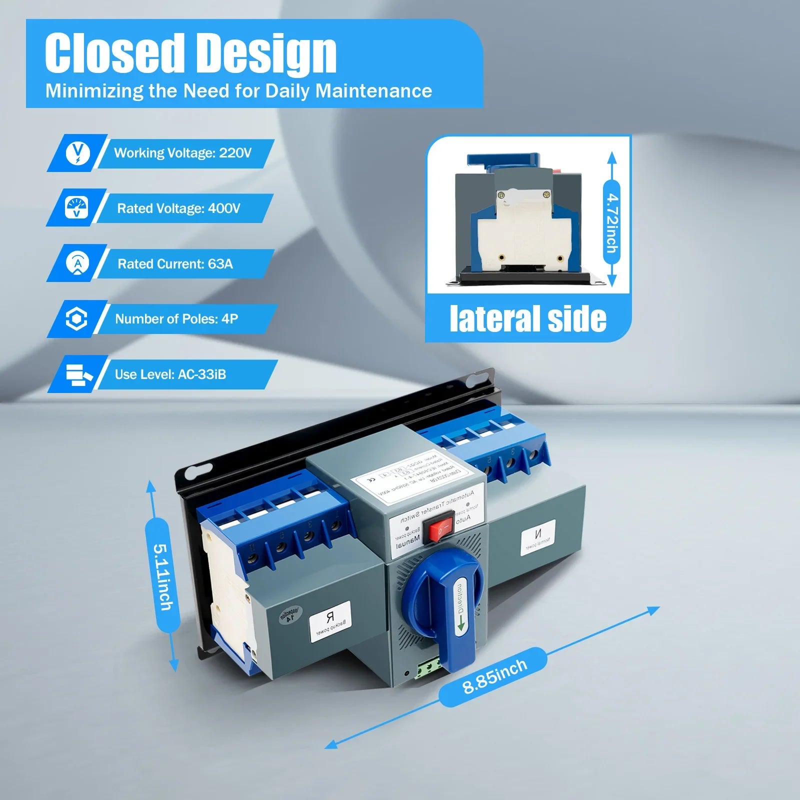 4P/63A Dual Power Automatic Transfer Switch 220V/400V CB Level Power Supply Switch w/Manual & Auto Mode for Home Office Hospital
