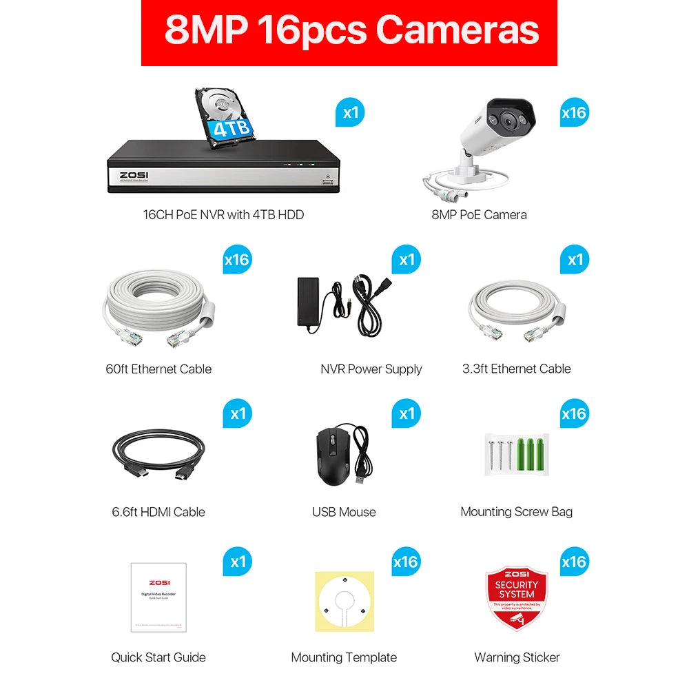 ZOSI 16CH 8MP/5MP PoE Security Camera System AI Person Vehicle Detection 2 Way Audio IP Cam 4K CCTV Video Surveillance NVR Kit