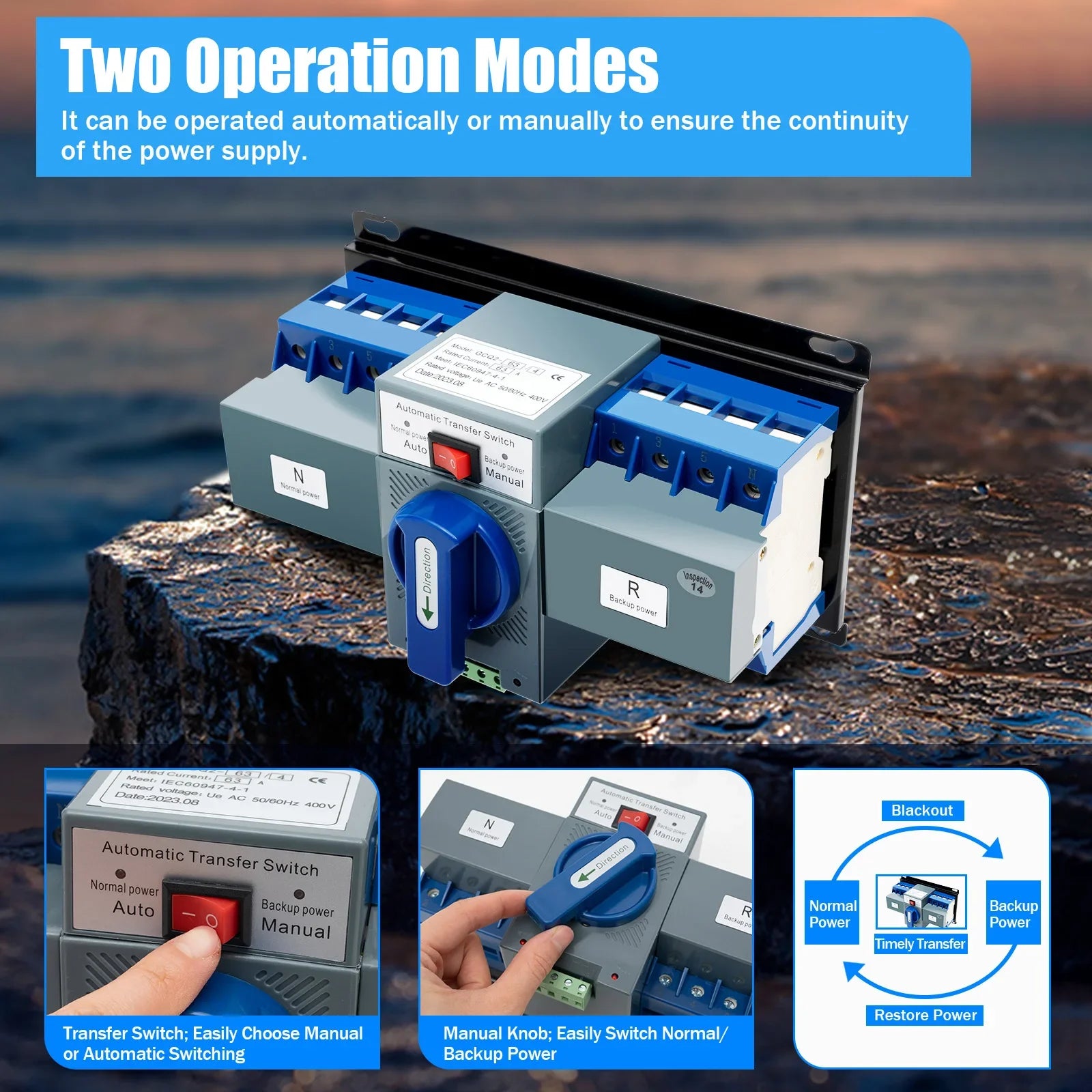 4P/63A Dual Power Automatic Transfer Switch 220V/400V CB Level Power Supply Switch w/Manual & Auto Mode for Home Office Hospital