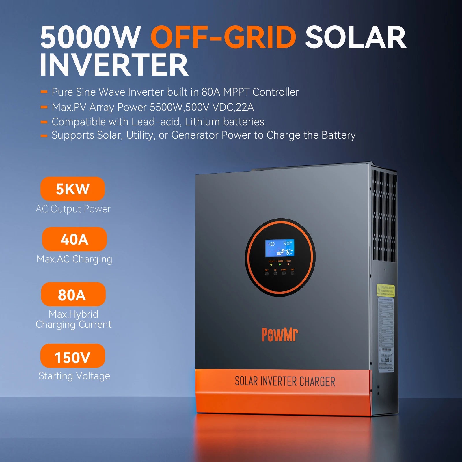 PowMr 5000W 48V 110/120VAC Output MPPT Hybrid Solar Inverter PV 500VDC With MPPT 80A Charger Controller Support Lithium Battery