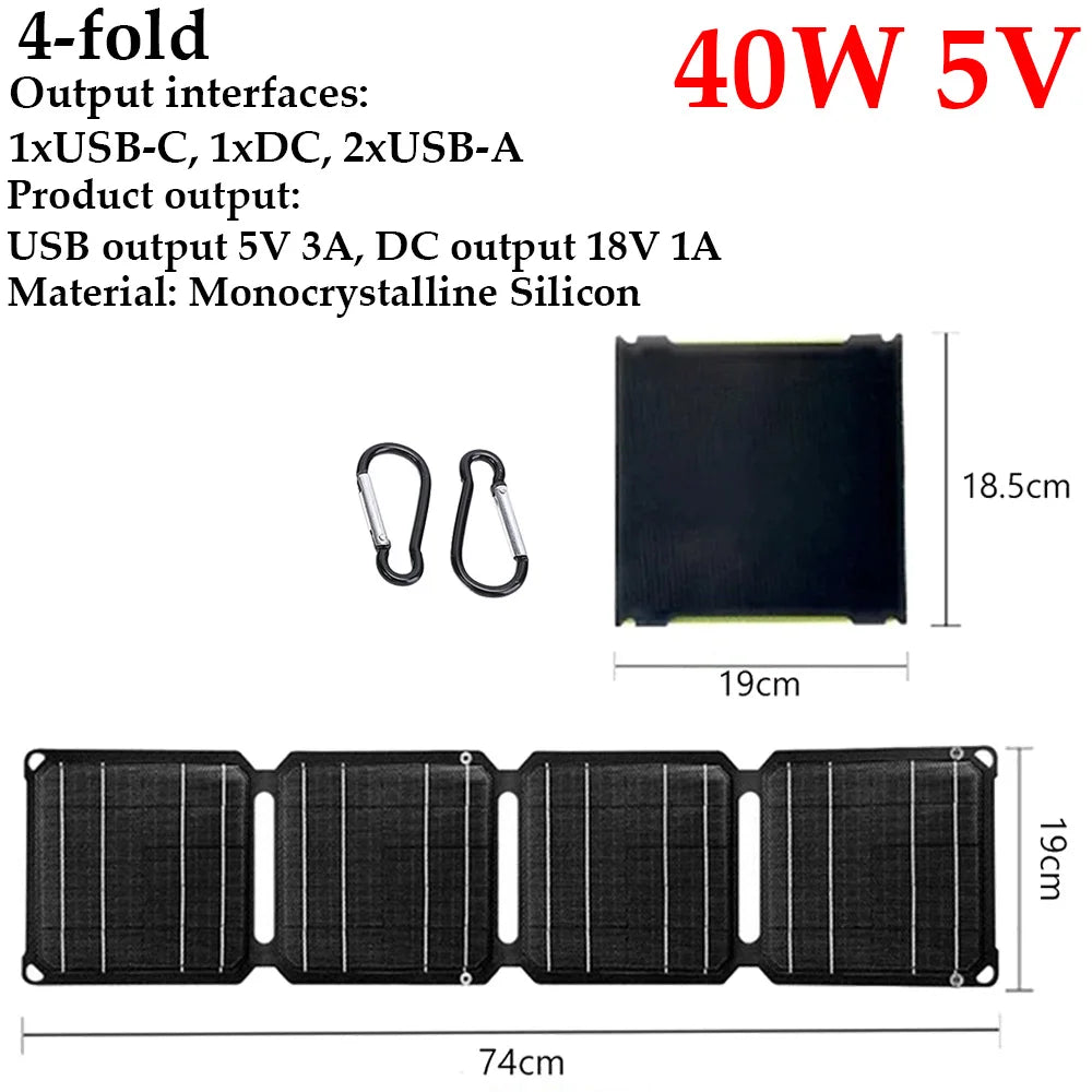 30W/40W 5V Solar Panel PD 20W QC 3.0 5V 9V 12V Foldable Solar Power Bank Type C USB-A DC Output Portable Battery Phone Charger