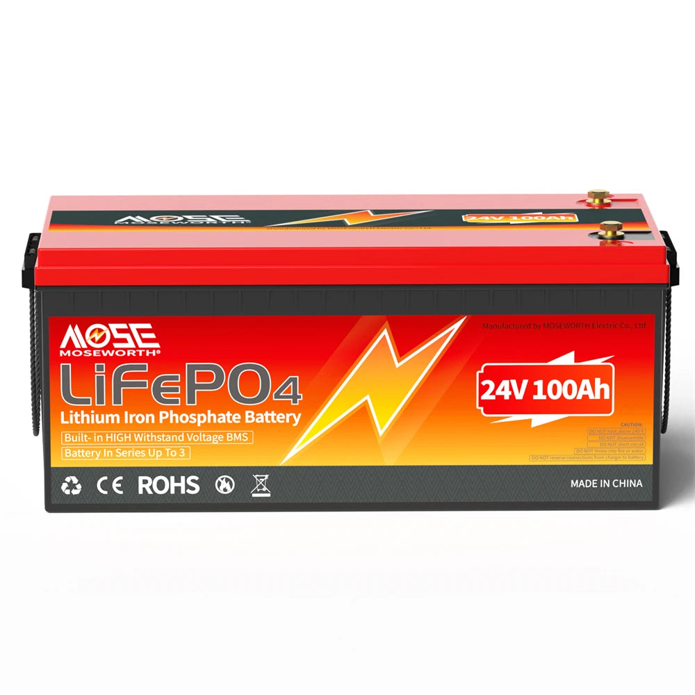 24V 100Ah LiFePO4 Battery Bluetooth Battery Builti in 200A BMS 2560Wh Lithium Ion Rechargeable Batteries for Camper Solar Boat