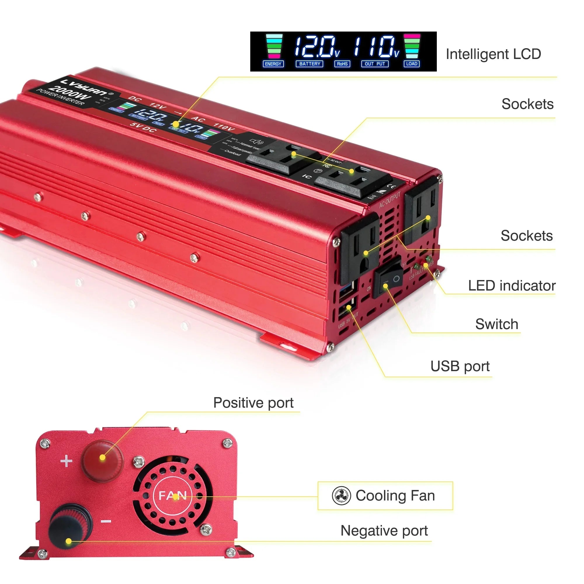 AC110V Power Inverter DC/AC 12V to 120V Car Inversor US Standard Socket 60Hz Outdoor Battery Adapter