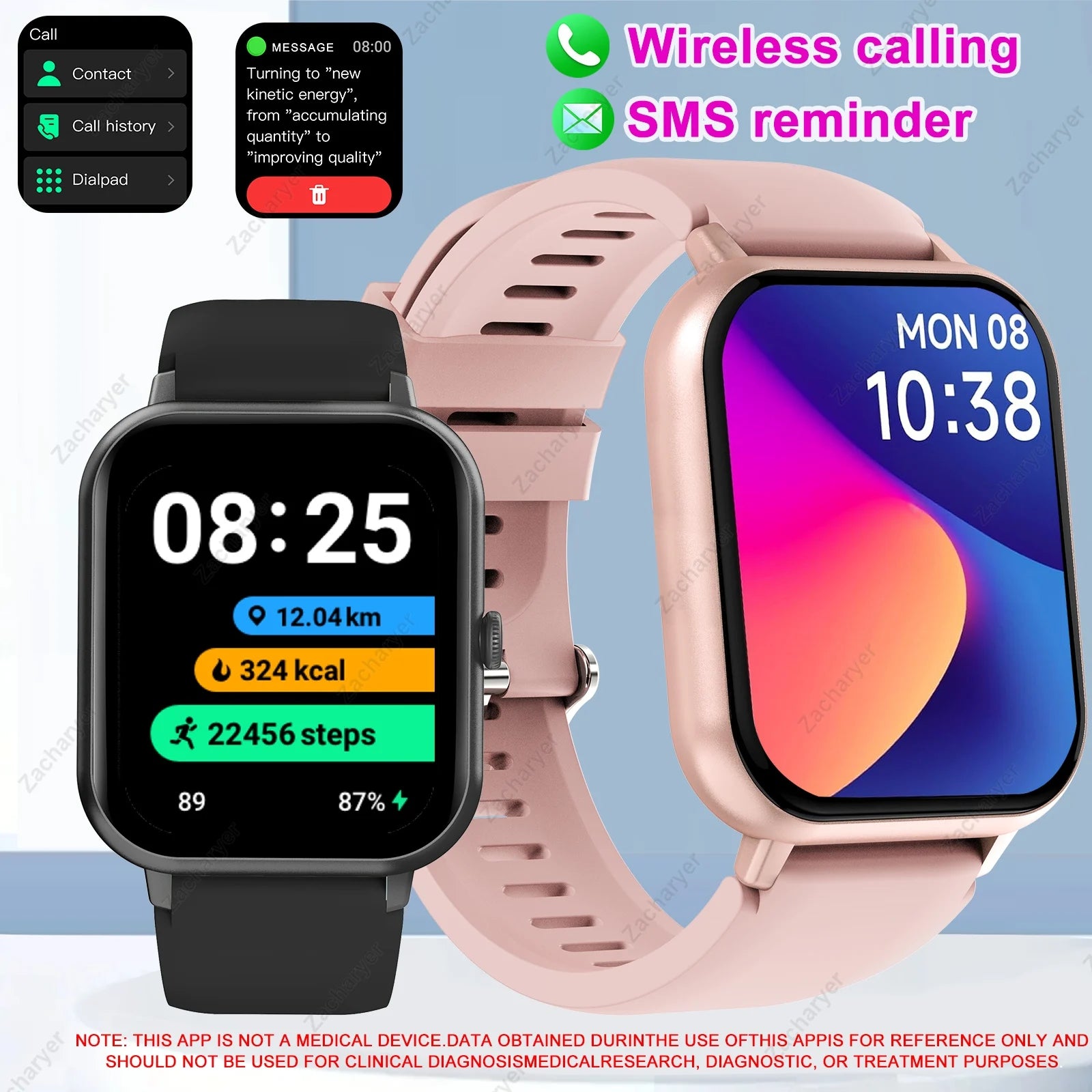 Smart watch, wireless calling/dial, multi-Sport mode, calling reminder and rejection, SMS reminder, for iPhone/Android