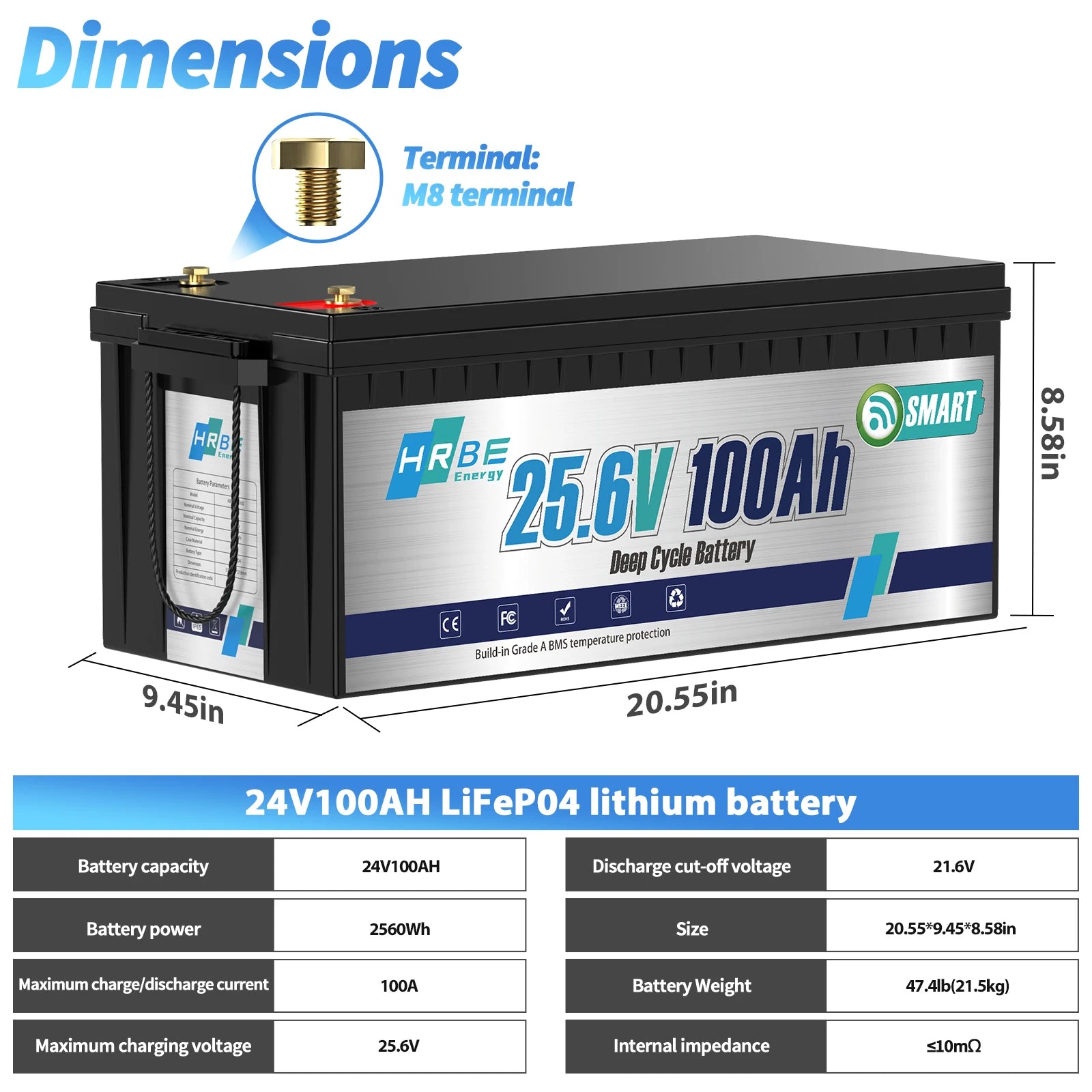 HRBEEnerg 24V 100Ah LiFePO4 Lithium Battery 100A BMS Wiht Bluetooth Cycles For RV,Solar,Marine,Camping,Trolling Motor,off-Grid