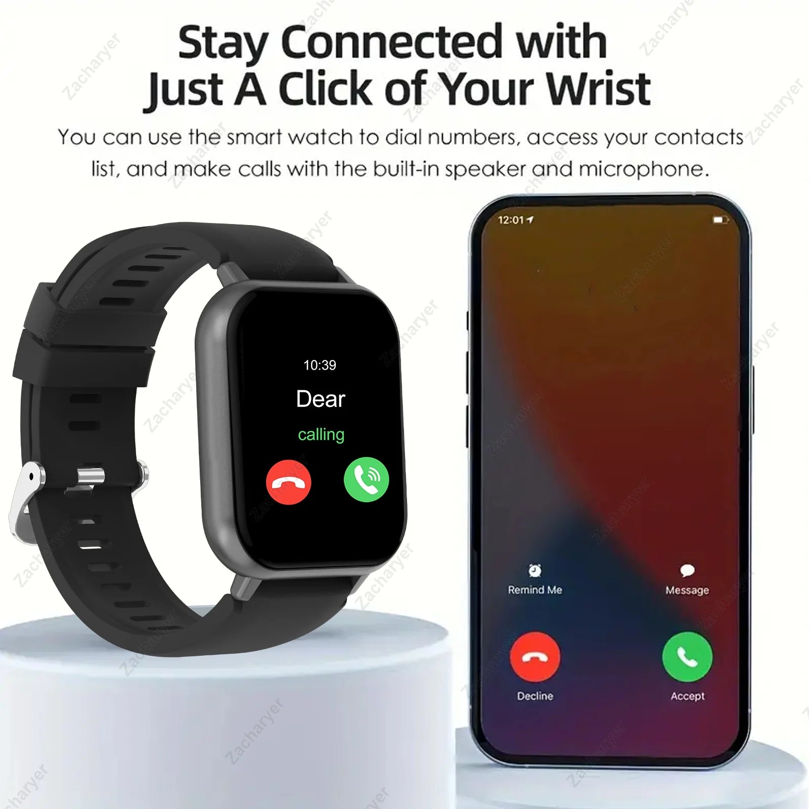 Smart watch, wireless calling/dial, multi-Sport mode, calling reminder and rejection, SMS reminder, for iPhone/Android