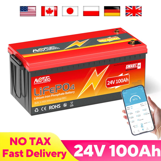 24V 100Ah LiFePO4 Battery Bluetooth Battery Builti in 200A BMS 2560Wh Lithium Ion Rechargeable Batteries for Camper Solar Boat