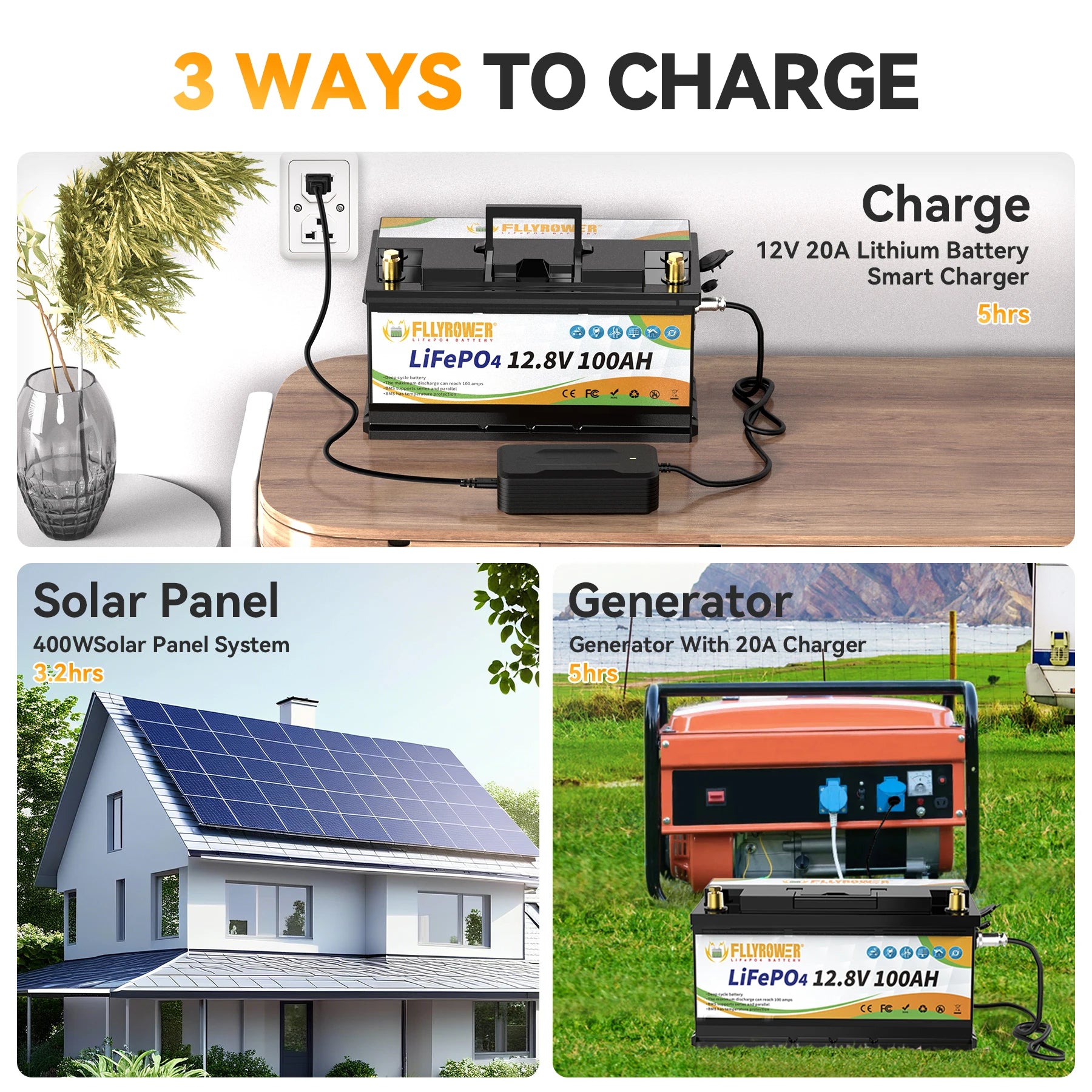 FLLYROWTH 12V 100Ah LiFePo4 Lithium Battery Pack 100A BMS For RV Boat Motors Inverter Solar Wind Lithium Iron Phosphate Battery