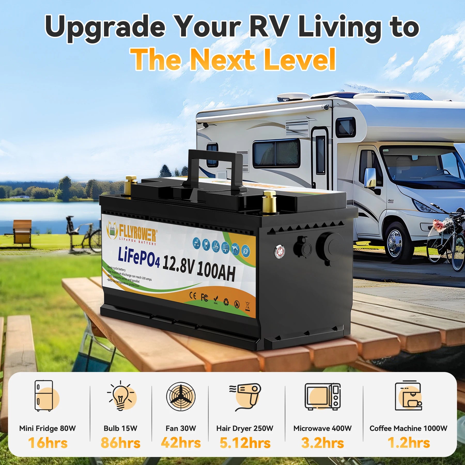 FLLYROWTH 12V 100Ah LiFePo4 Lithium Battery Pack 100A BMS For RV Boat Motors Inverter Solar Wind Lithium Iron Phosphate Battery