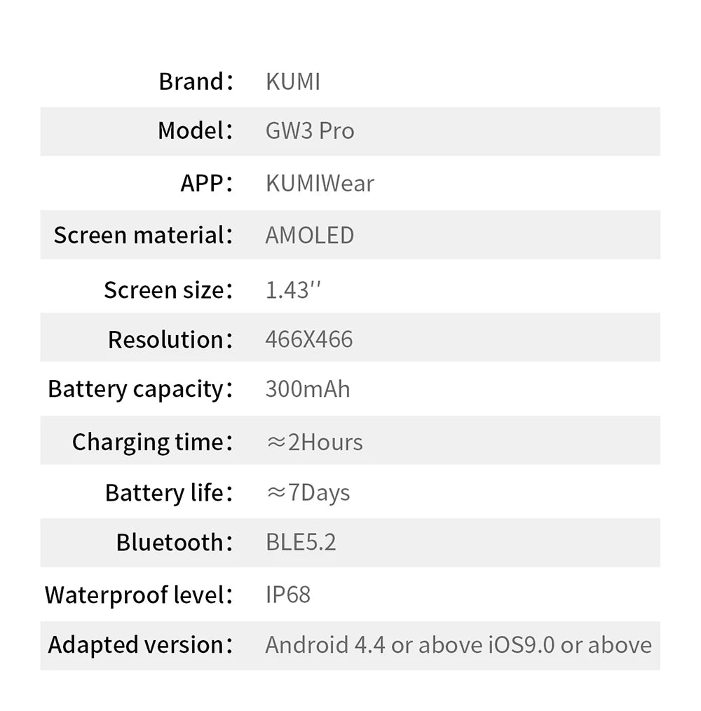 KUMI GW3 Pro Smartwatch 1.43" AMOLED Display IP68 Waterproof Bluetooth 5.2 Fitness Watch Heart Rate Blood Oxygen Tracker