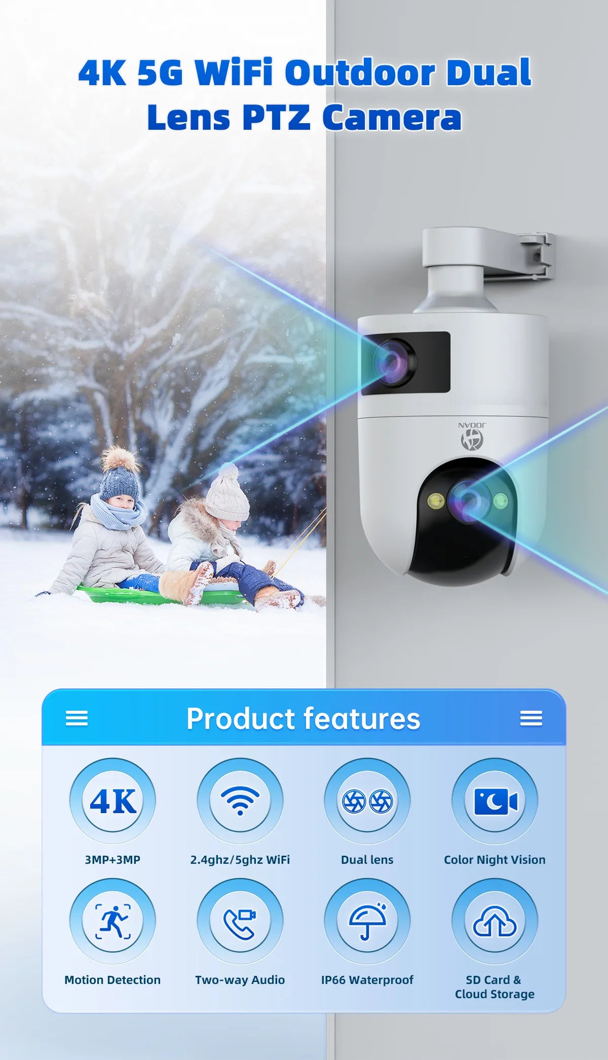 JOOAN 6MP HD 5G WiFi Outdoor Camera Dual Lens Dual Screen Home Security PTZ IP Camera Auto Tracking Video Surveillance Camera