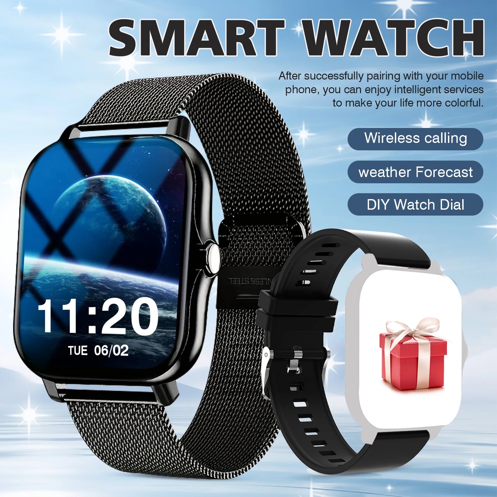 Sports smart watch, fitness activity detector, Bluetooth calling, message reminder view, unisex, suitable for Android and iPhone