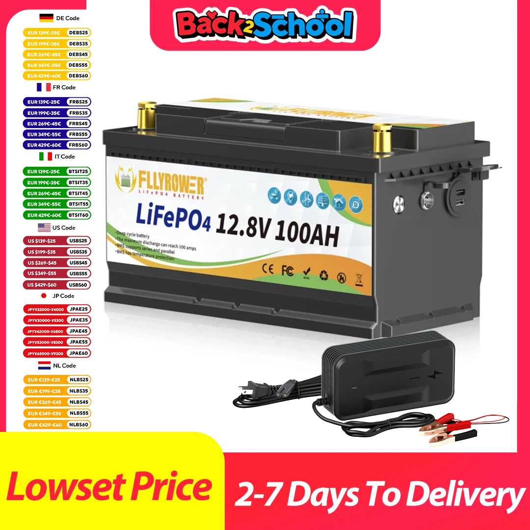 FLLYROWTH 12V 100Ah LiFePo4 Lithium Battery Pack 100A BMS For RV Boat Motors Inverter Solar Wind Lithium Iron Phosphate Battery