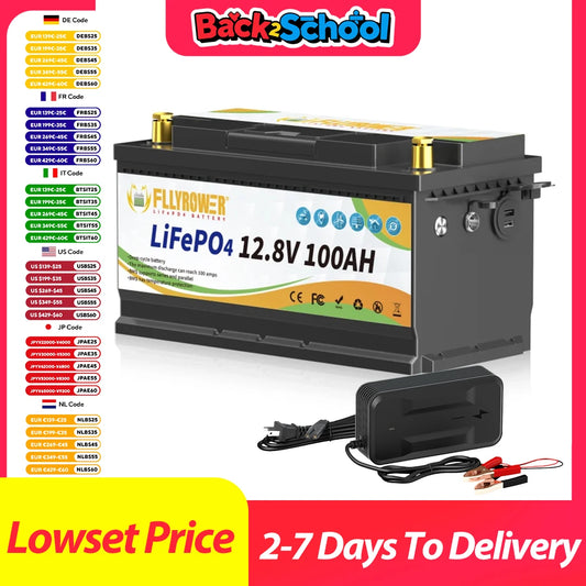 FLLYROWTH 12V 100Ah LiFePo4 Lithium Battery Pack 100A BMS For RV Boat Motors Inverter Solar Wind Lithium Iron Phosphate Battery