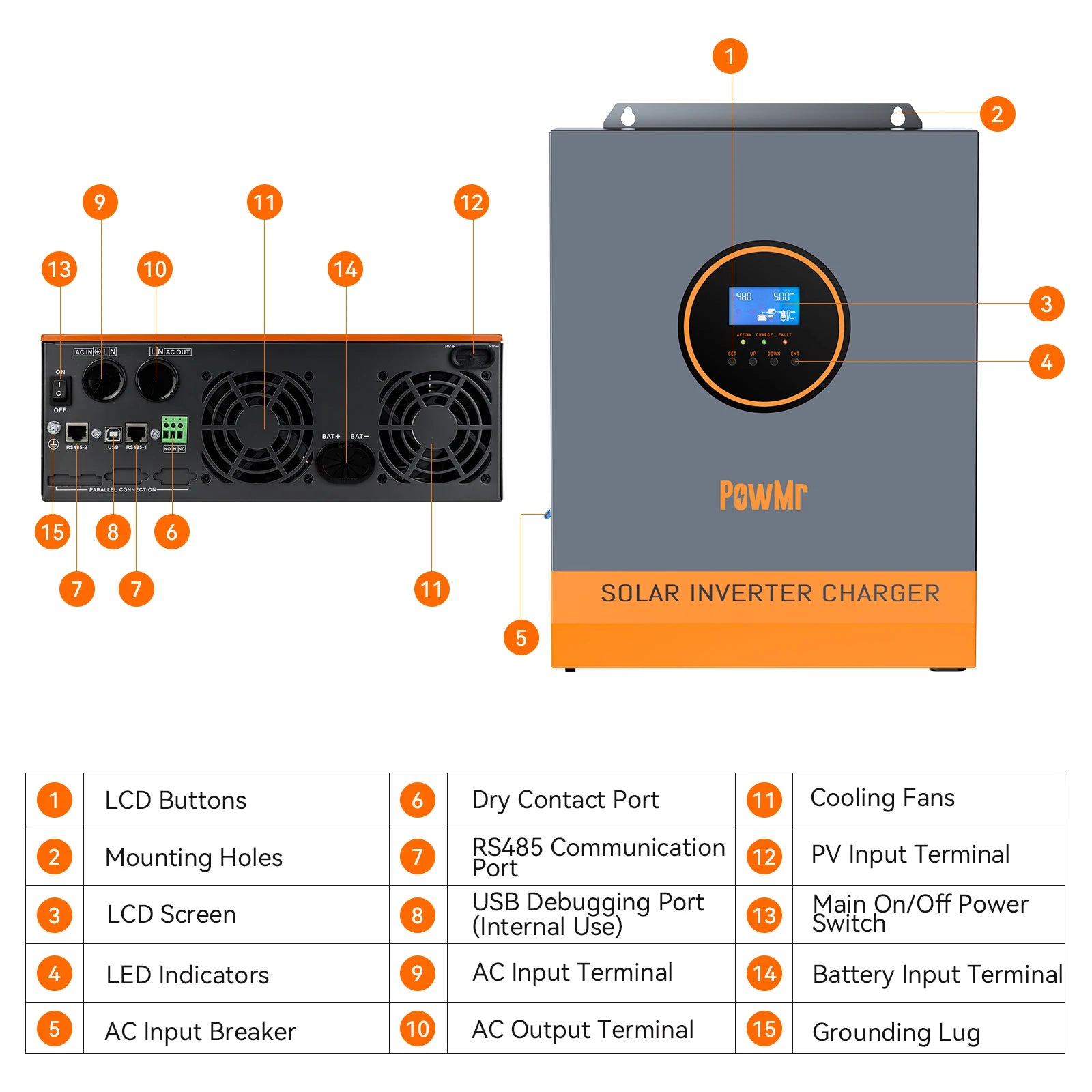PowMr 5000W 48V 110/120VAC Output MPPT Hybrid Solar Inverter PV 500VDC With MPPT 80A Charger Controller Support Lithium Battery