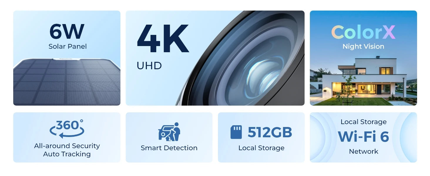 Reolink 4K Solar WiFi Security Camera Long Lasting 360° PT Auto Tracking Wireless ColorX Night Vision Dual-Band WiFi 6 IP Camera