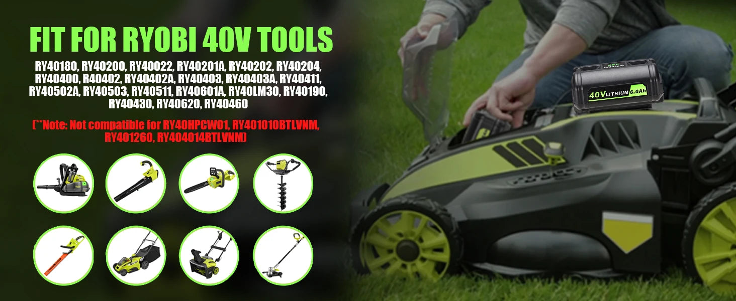 KUNLUN For Ryobi 6.0Ah 40V Li-ion Battery For OP40401 OP4050A OP4050 RY40502 RY40200 Cordless Power Tools Rechargeable Battery