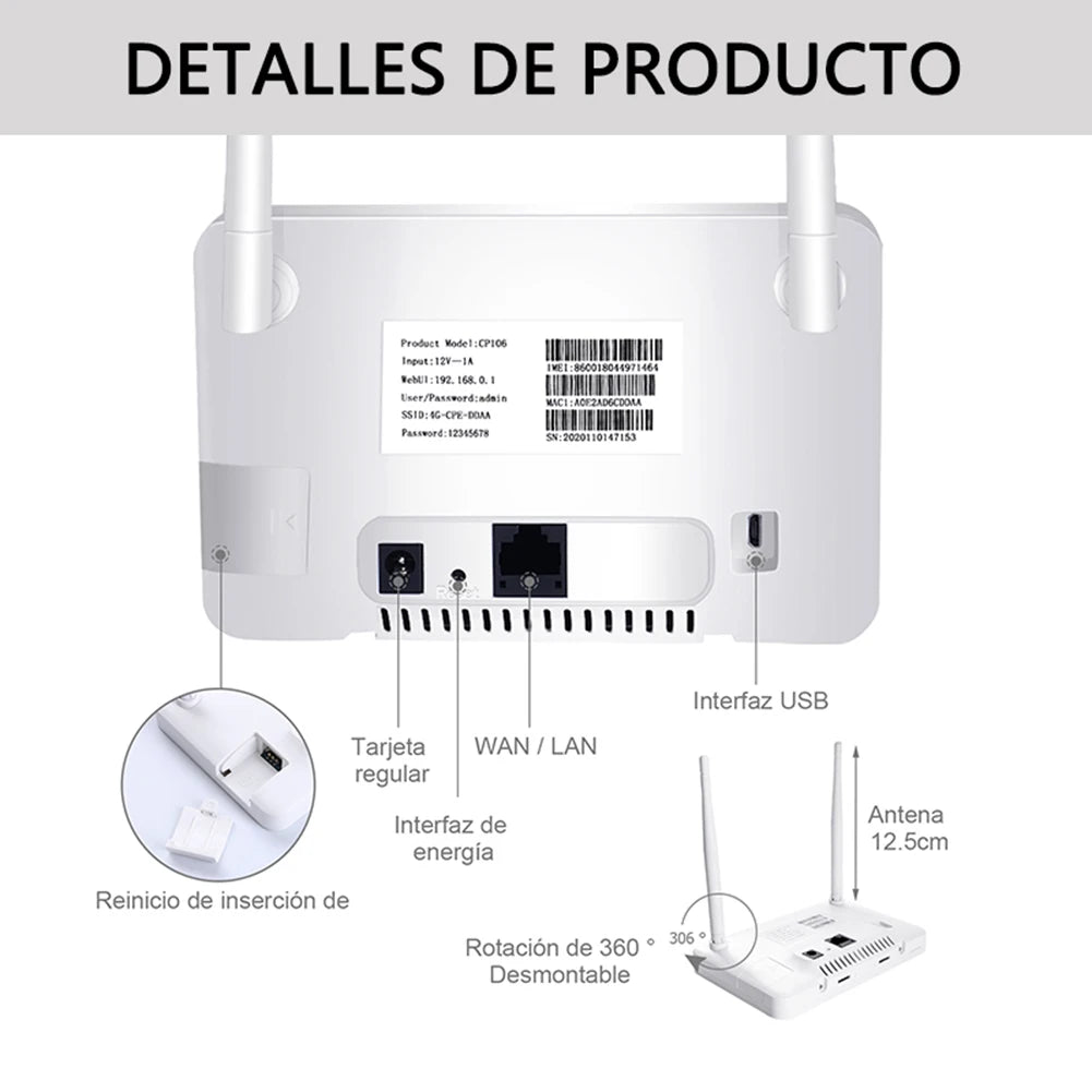 CPE106-E Wireless Hotspot 300Mbps 4G Router Wireless Modem External Antenna with Sim Card Slot EU Plug Internet Connection
