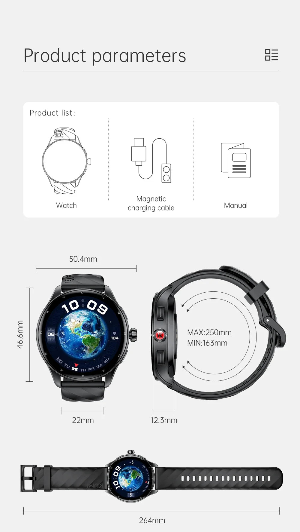 KUMI GW5 Pro Smartwatch 1.43" AMOLED IP68 Waterproof Bluetooth 5.2 Fitness Tracker Heart Rate Blood Oxygen Monitor