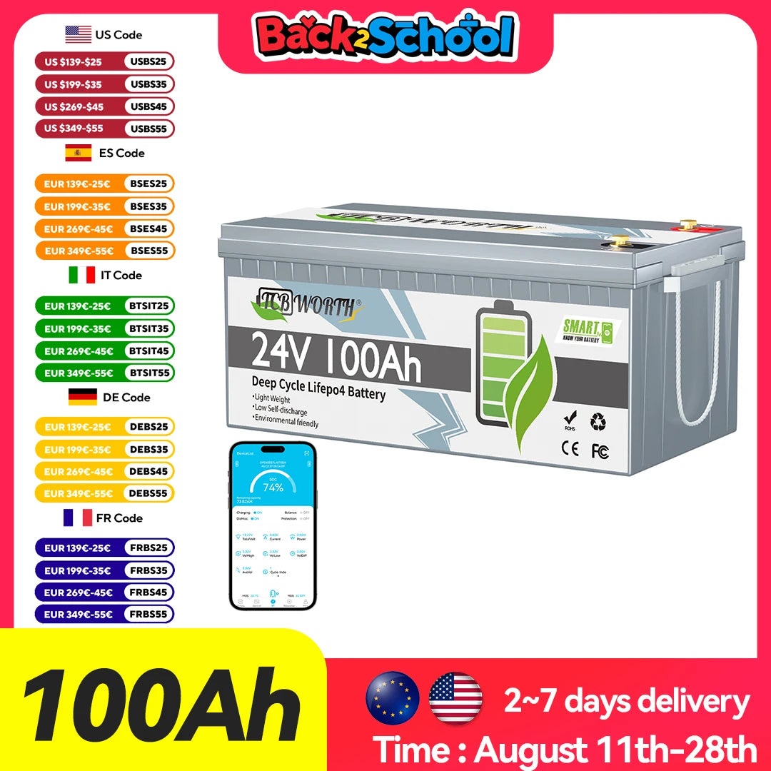 TCBWORTH 24V 100Ah Bluetooth LiFePO4 Battery,Deep Cycles 2560Wh Lithium Battery for Marine,Trolling Motor,Solar Off-Grid System