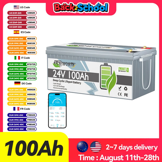 TCBWORTH 24V 100Ah Bluetooth LiFePO4 Battery,Deep Cycles 2560Wh Lithium Battery for Marine,Trolling Motor,Solar Off-Grid System