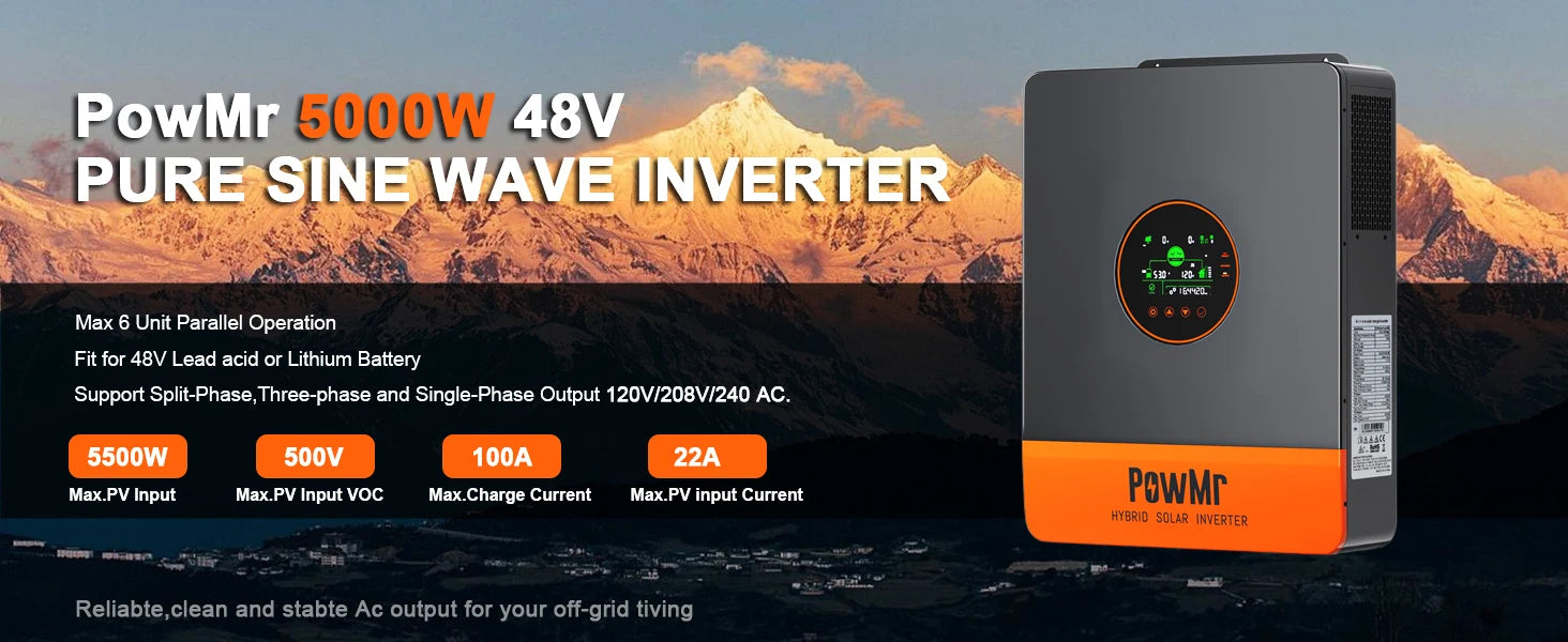 2400W Pure Sine Wave Hybrid Off-Grid Solar Inverter With 50A PWM Solar Charge Controller 24VDC to 110/12VAC Max PV Input 80Vdc