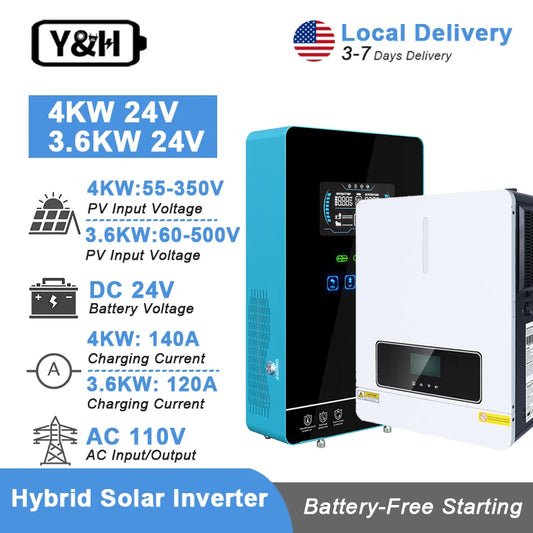 Y&H 4000W/3600W Hybrid Solar Inverter 24Vdc 110V/120Vac Pure Sine Wave Home Inverter with 140A/120A MPPT Solar Controller