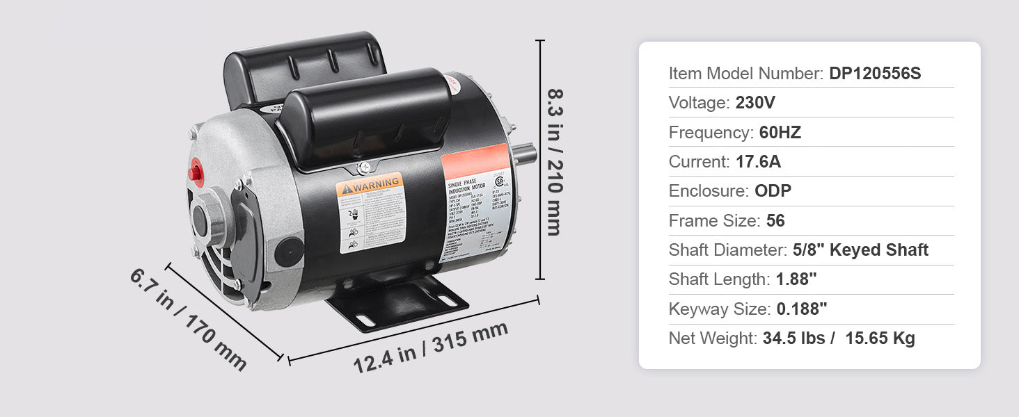 SucceBuy 5HP Air Compressor Motor 230V 17.6Amps Electric Motor 3450RPM 56 Frame 5/8" Keyed Shaft 1.88" Shaft for Air Compressor