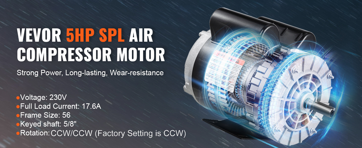 SucceBuy 5HP Air Compressor Motor 230V 17.6Amps Electric Motor 3450RPM 56 Frame 5/8" Keyed Shaft 1.88" Shaft for Air Compressor