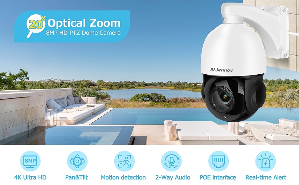 Jennov 4K 8MP Outdoor PTZ IP POE Camera 20X Optical Zoom & Human Detection, 320ft IR Night Vision,  Hikvision Onvif Compatible