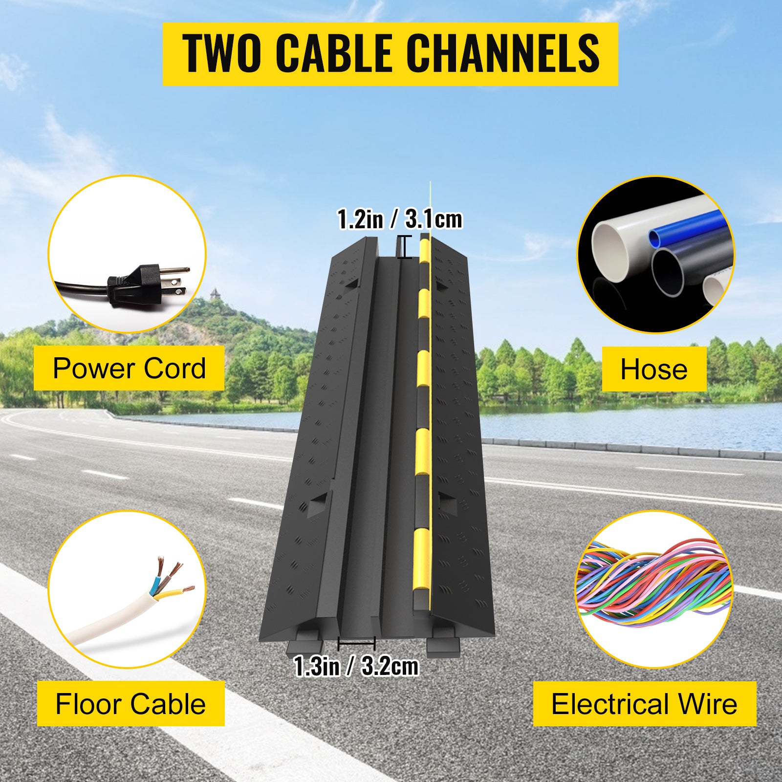 SucceBuy Cable Protector Ramp Wire Cable Cover Cord Guard 2 Channels Rubber + PVC 11000LBS Speed Bump Parking Driveway Traffic