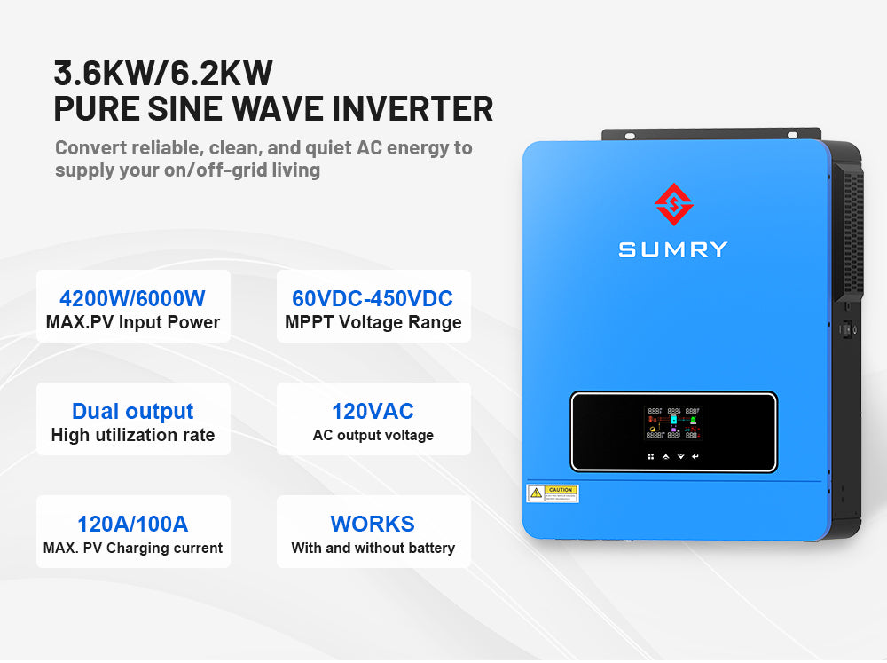 Sumry on/off Grid Solar Inverter 3600w Hybrid Pure Sine Wave Inverter for Home 120v 120A MPPT Solar Charge Dual Output 50/60hz