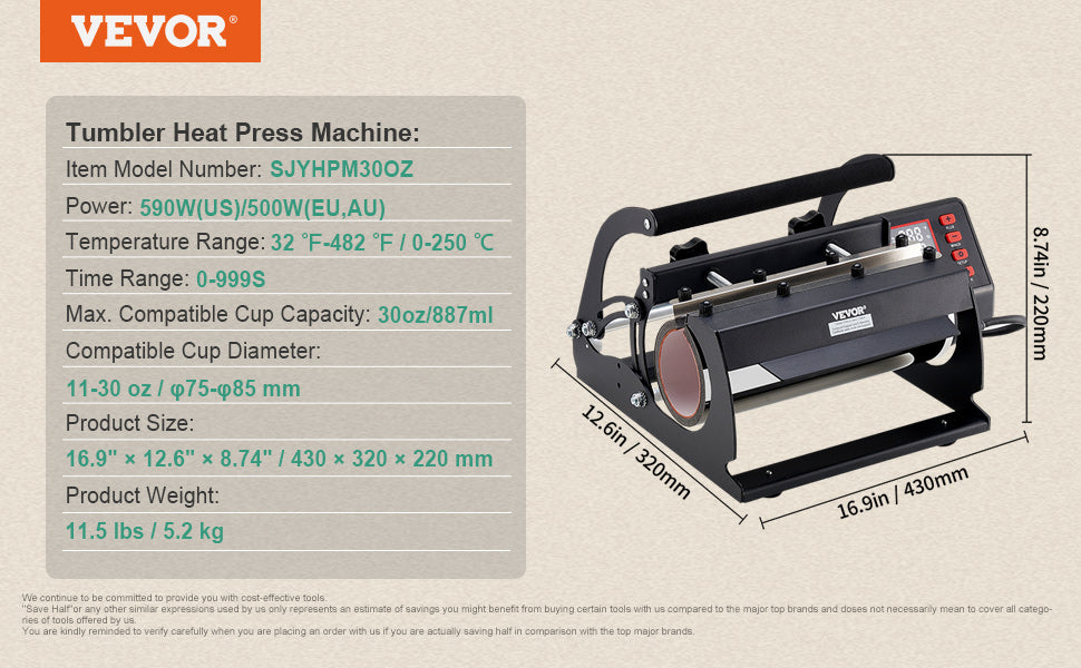 VEVOR Tumbler Heat Press Machine 2 Station Heaters 11-30oz Mug Press Tumbler Press for Sublimation Tumblers Cups and Mug 19.6lbs