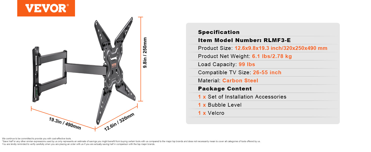 VEVOR Full Motion TV Mount Fit for Most 26-90in TVs Swivel Tilt Horizontal Adjustment TV Wall Mount Bracket W/ Articulating Arms