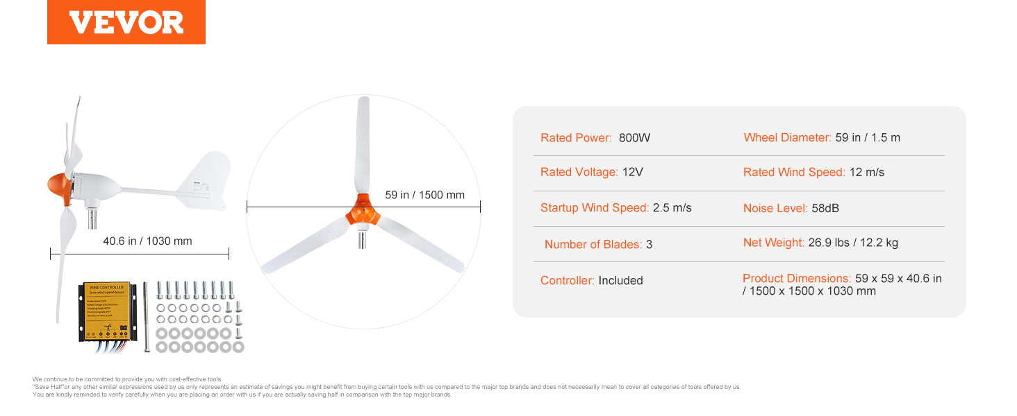 SucceBuy 500W/800W Wind Turbine Generator 12V Wind Turbine Kit Wind Power Generator with MPPT Controller for Home Farm RVs Boats
